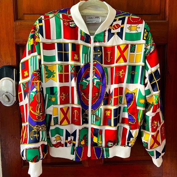 Vintage 80s 90s Casual Corner Nautical Flag Bomber Jacket Retro Windbreaker - Picture 1 of 11